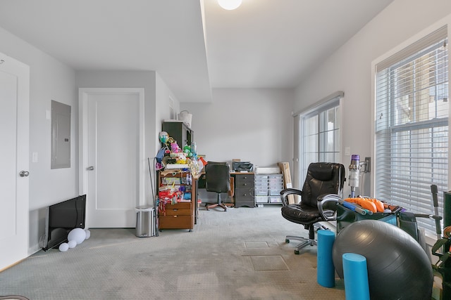 office area featuring light carpet and electric panel