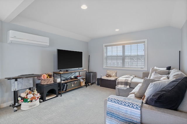 living room featuring vaulted ceiling, an AC wall unit, and carpet