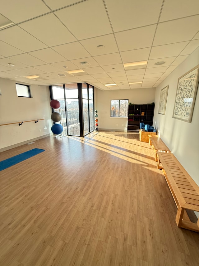 workout area with a drop ceiling, hardwood / wood-style floors, and a wall of windows