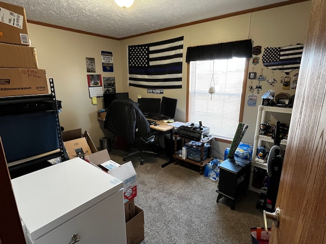 carpeted home office featuring crown molding and a textured ceiling