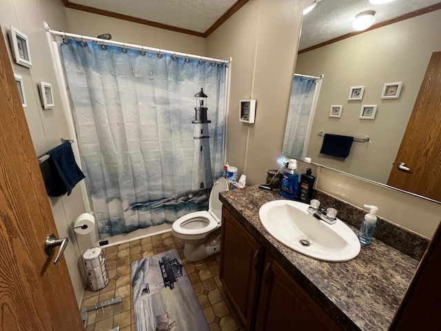 bathroom with tile patterned floors, crown molding, a textured ceiling, toilet, and vanity