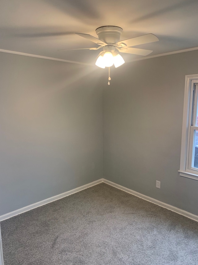 spare room featuring carpet, ceiling fan, and crown molding