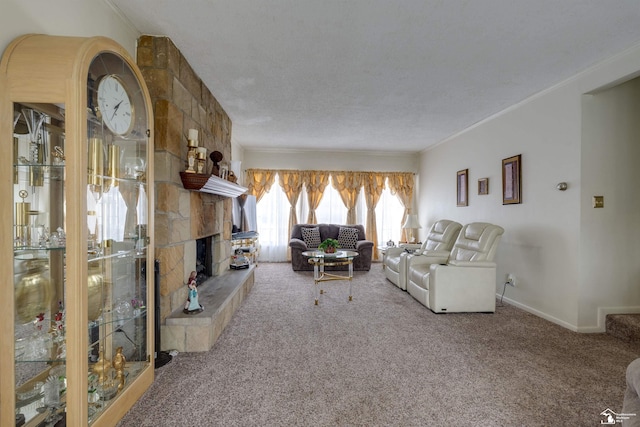 unfurnished living room with a stone fireplace, crown molding, carpet, and a textured ceiling