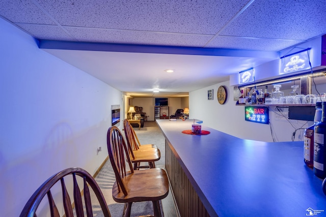 bar with carpet and a drop ceiling