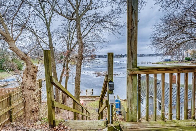 deck featuring a water view