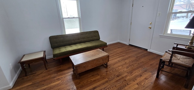 sitting room with dark wood-type flooring