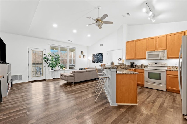 kitchen with white appliances, dark wood-type flooring, stone counters, sink, and ceiling fan