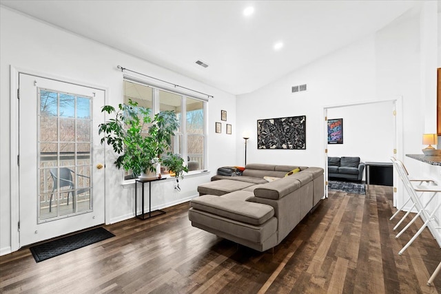 living room featuring high vaulted ceiling and dark wood-type flooring