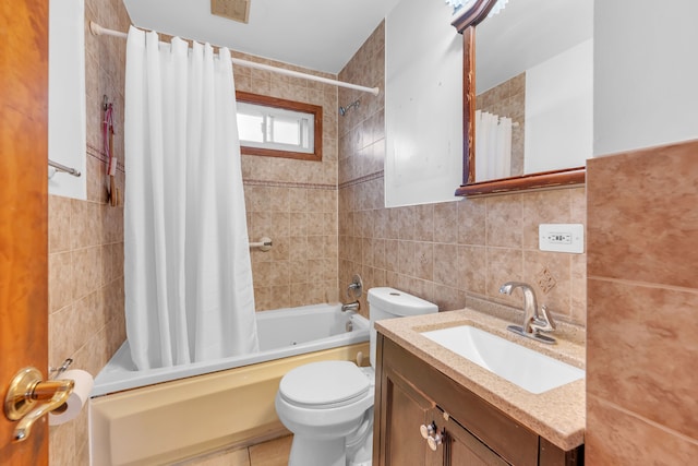 full bathroom with toilet, shower / bath combo with shower curtain, vanity, tile walls, and tasteful backsplash