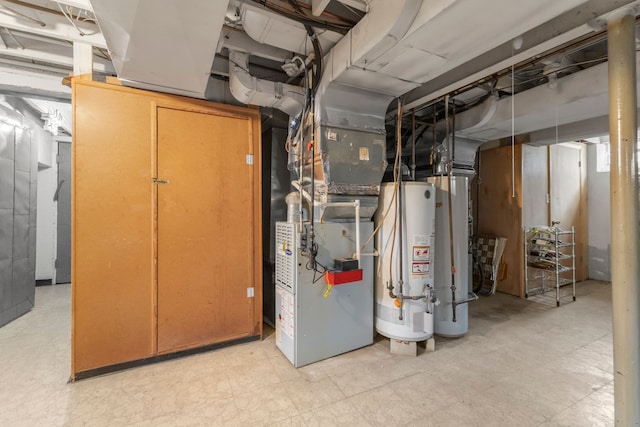 utility room with gas water heater and heating unit