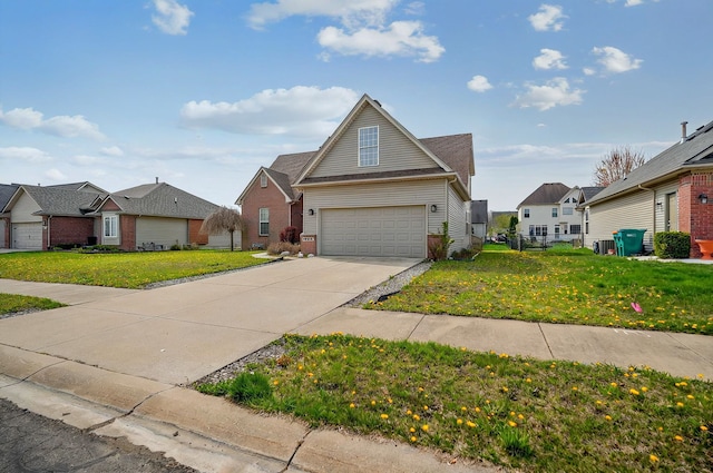 traditional-style house with brick siding, a garage, driveway, and a residential view