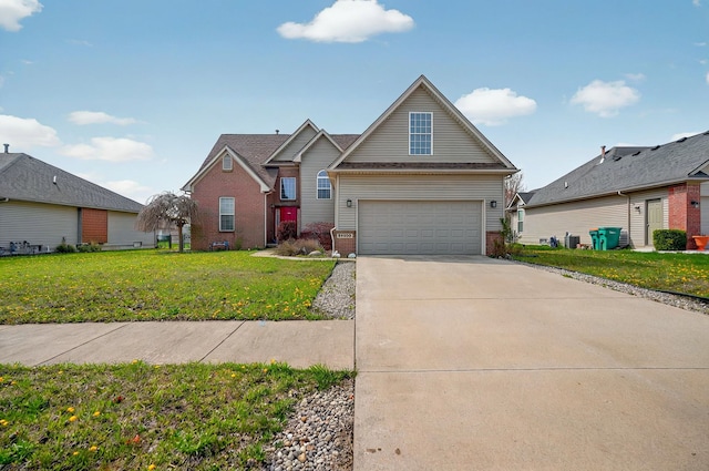 view of front of property featuring concrete driveway, brick siding, and a front yard