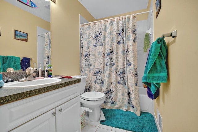 full bath with vanity, toilet, tile patterned floors, shower / tub combo, and visible vents