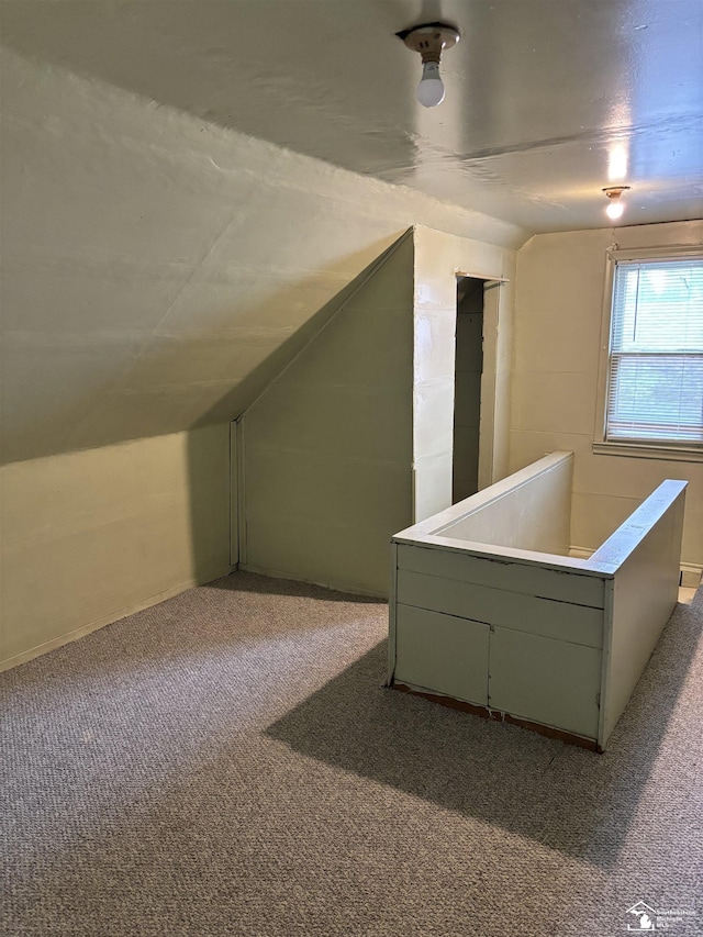 additional living space with dark colored carpet and lofted ceiling