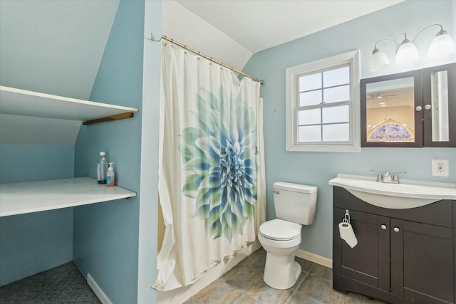 full bathroom with toilet, curtained shower, lofted ceiling, and vanity