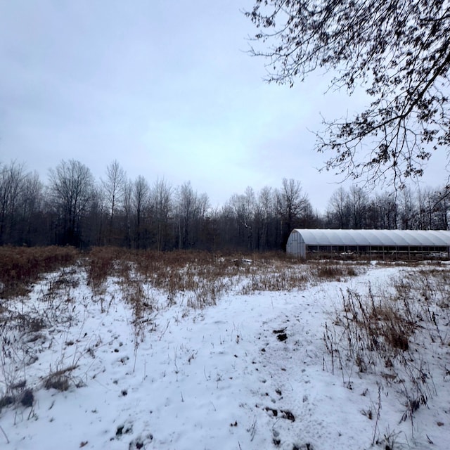 snowy yard featuring an outdoor structure