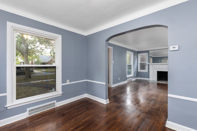 unfurnished living room featuring a fireplace, a wealth of natural light, and dark wood-type flooring