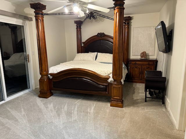 bedroom with light colored carpet and ceiling fan