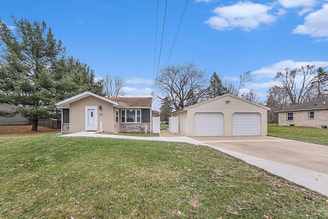 ranch-style home featuring an outbuilding and a front lawn