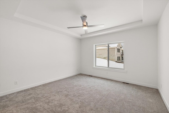 unfurnished room featuring a raised ceiling and carpet floors