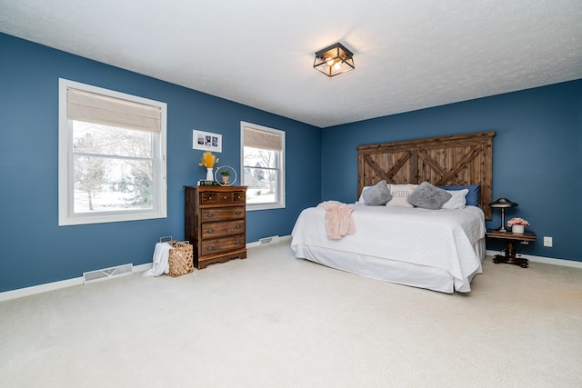 carpeted bedroom with a textured ceiling