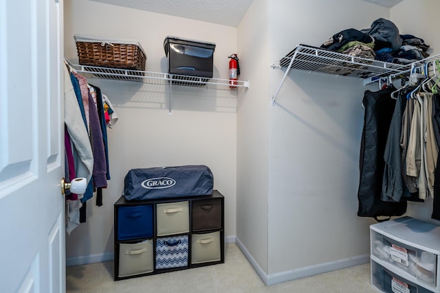 walk in closet with light carpet