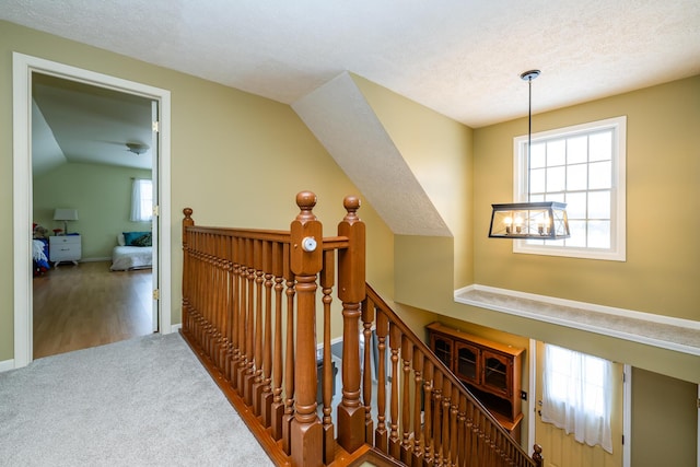 corridor with a wealth of natural light, carpet, and vaulted ceiling