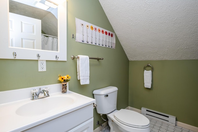 bathroom featuring vanity, lofted ceiling, tile patterned flooring, toilet, and a baseboard radiator