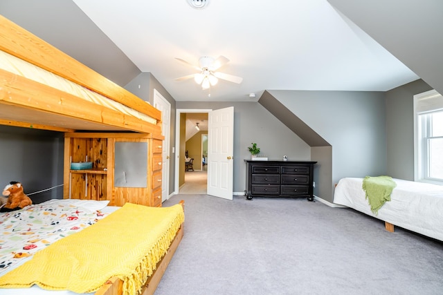 bedroom featuring light carpet and ceiling fan