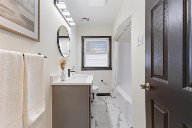 full bathroom with vanity, toilet, and shower / tub combo with curtain