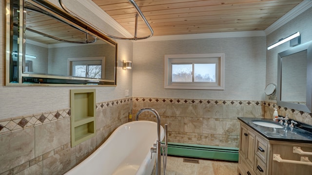 bathroom featuring wood ceiling, vanity, a baseboard heating unit, crown molding, and a tub