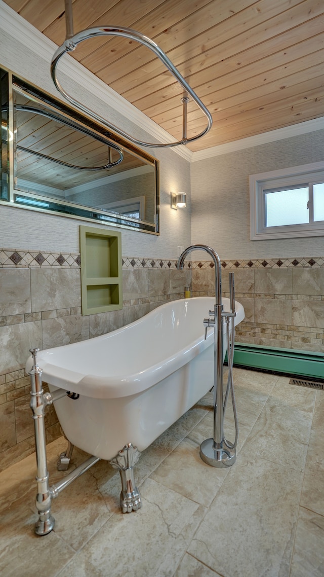 bathroom featuring a bath, tile walls, crown molding, and wood ceiling