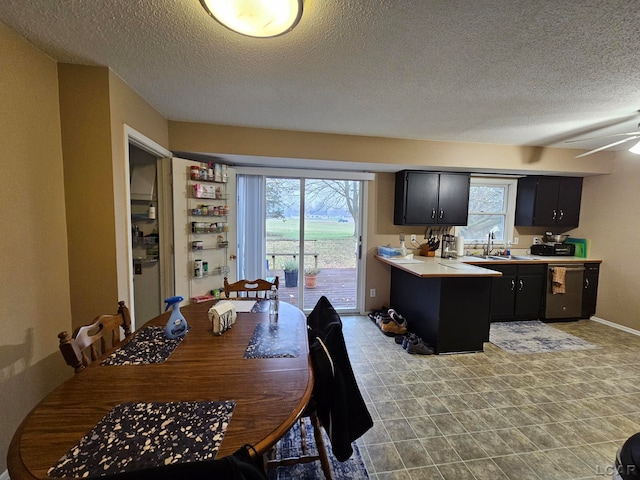 dining space featuring a textured ceiling, ceiling fan, and sink