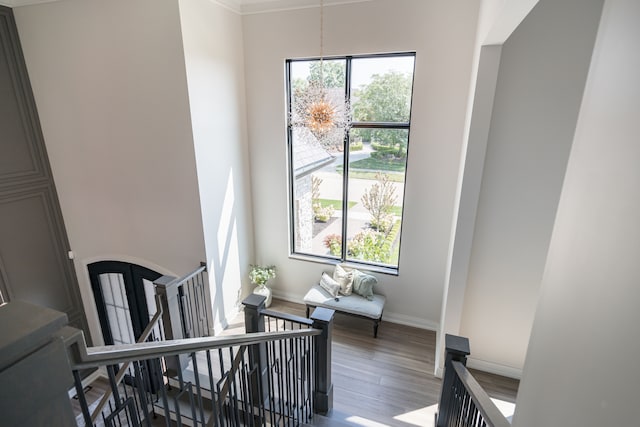 stairway featuring hardwood / wood-style floors