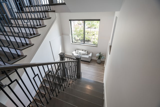 stairs with hardwood / wood-style floors