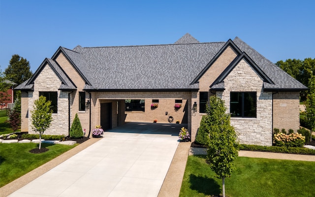 view of front of house featuring a carport and a front lawn