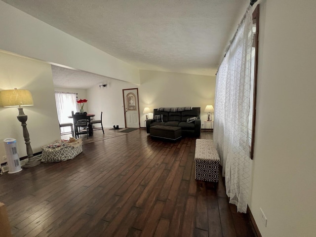 living room with a textured ceiling and dark hardwood / wood-style flooring