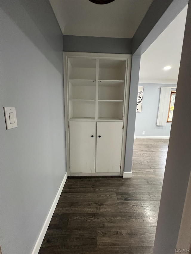 hallway featuring built in features and dark hardwood / wood-style floors