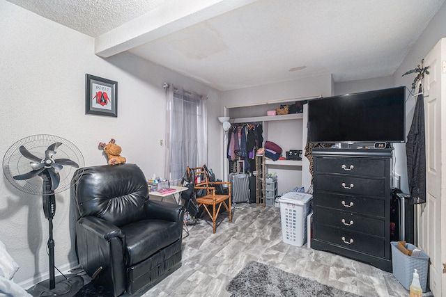 living area with a textured ceiling and light hardwood / wood-style flooring