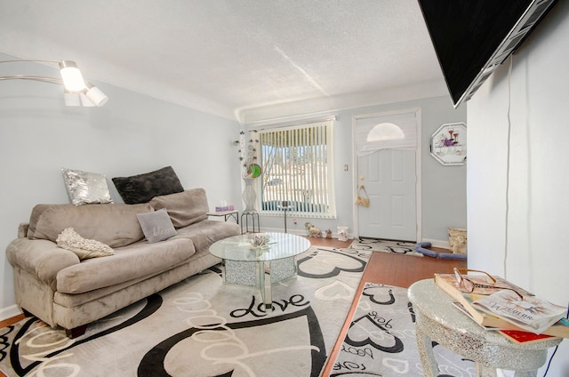 living area with baseboards, a textured ceiling, and wood finished floors