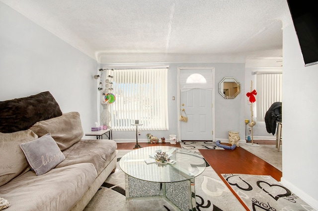 living area featuring baseboards and a textured ceiling