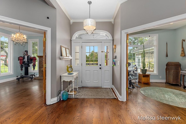 foyer with hardwood / wood-style flooring, ornamental molding, and an inviting chandelier