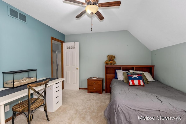 carpeted bedroom featuring ceiling fan and lofted ceiling