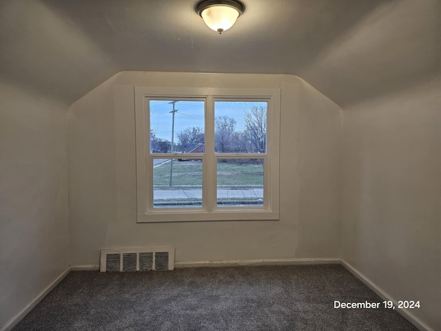 additional living space featuring dark carpet and lofted ceiling