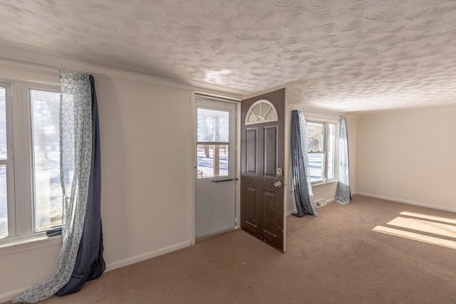 carpeted foyer entrance featuring a textured ceiling and crown molding