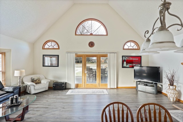 living room with high vaulted ceiling, a textured ceiling, and hardwood / wood-style flooring