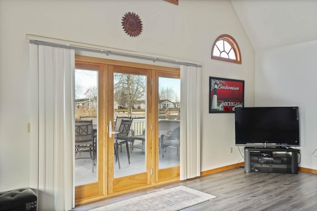 doorway featuring wood-type flooring and lofted ceiling