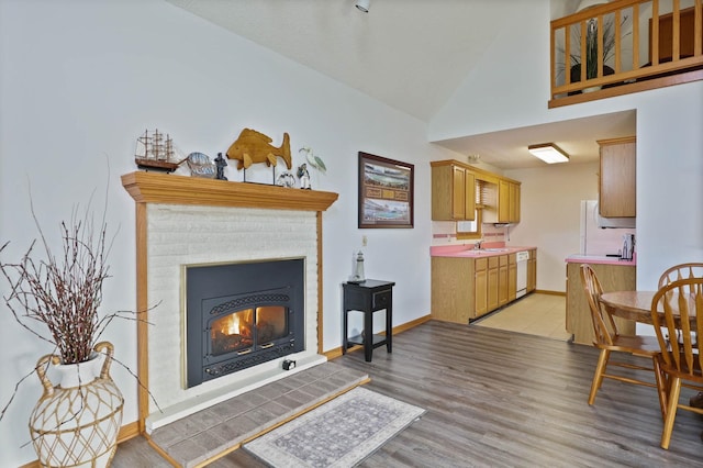 living room with light hardwood / wood-style floors, sink, and high vaulted ceiling