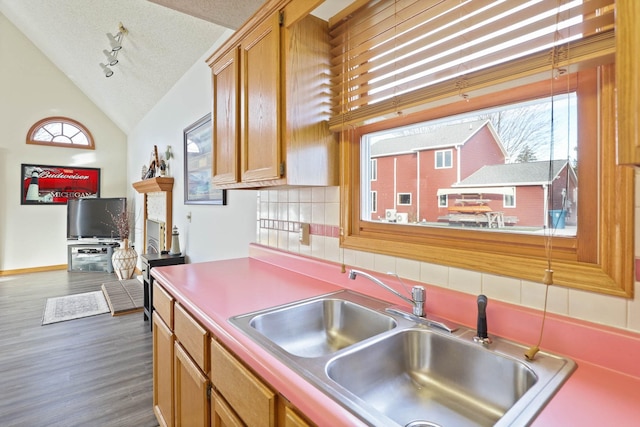 kitchen with dark hardwood / wood-style flooring, tasteful backsplash, a textured ceiling, sink, and lofted ceiling