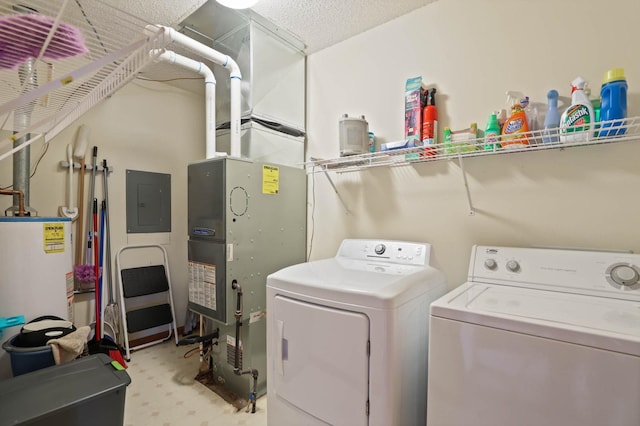 laundry area featuring washer and clothes dryer, gas water heater, and electric panel